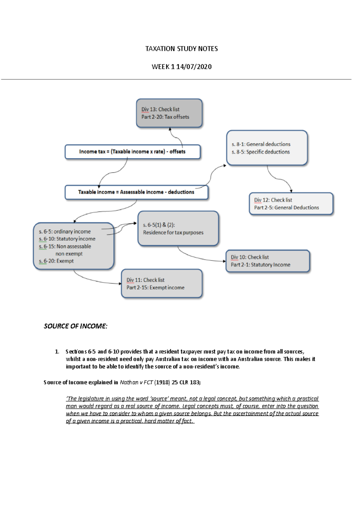 Taxation Study Notes - TAXATION STUDY NOTES WEEK 1 14/07/ SOURCE OF ...