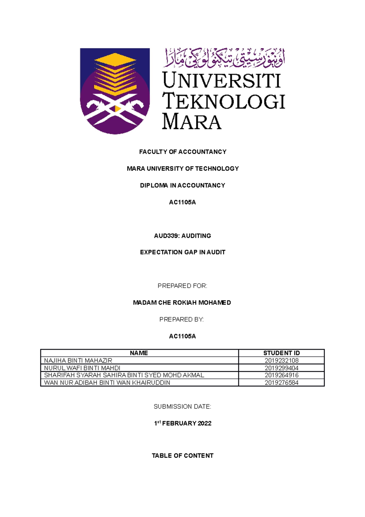 AUD339 Report Group 6 - FACULTY OF ACCOUNTANCY MARA UNIVERSITY OF ...