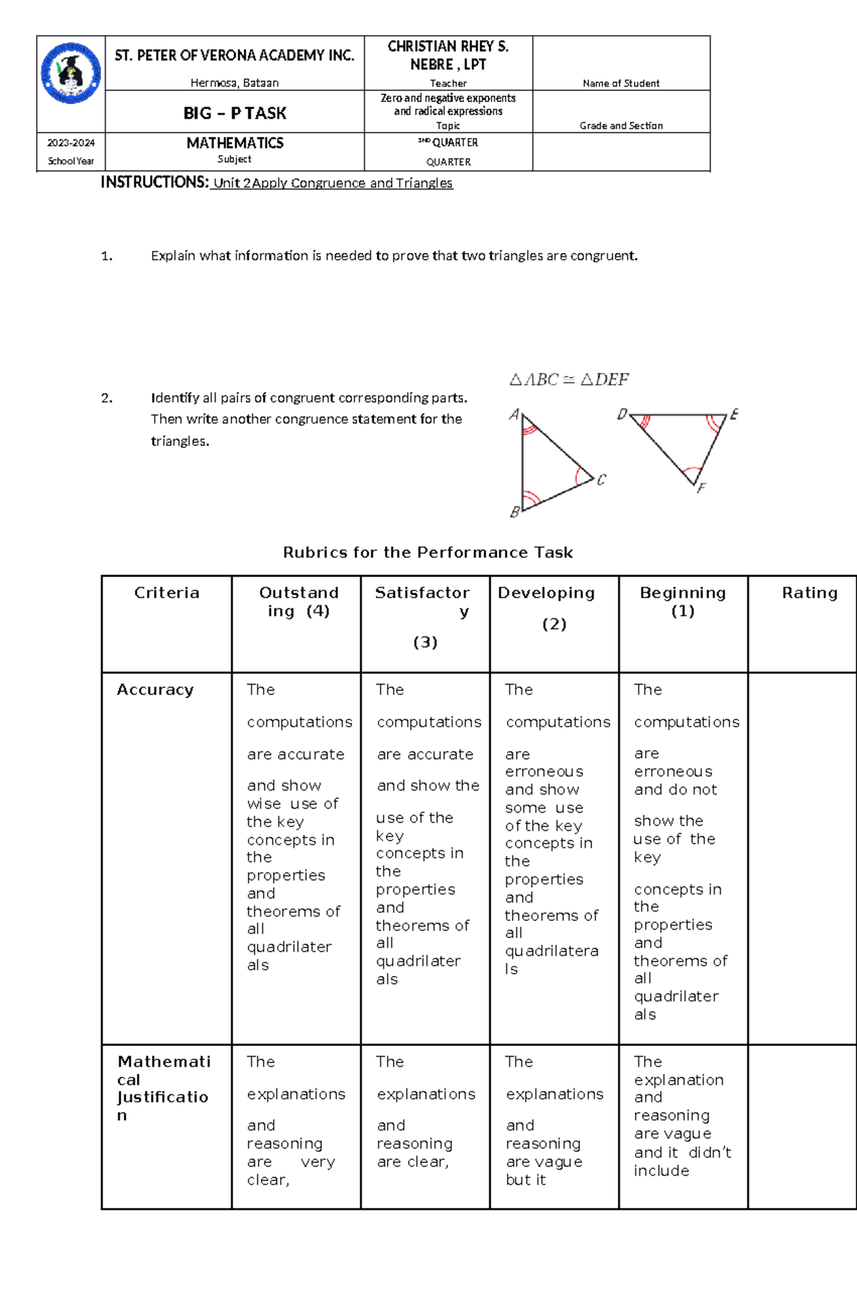 BIG P TASK Grade 8 Third Quarter - INSTRUCTIONS: Unit 2Apply Congruence ...