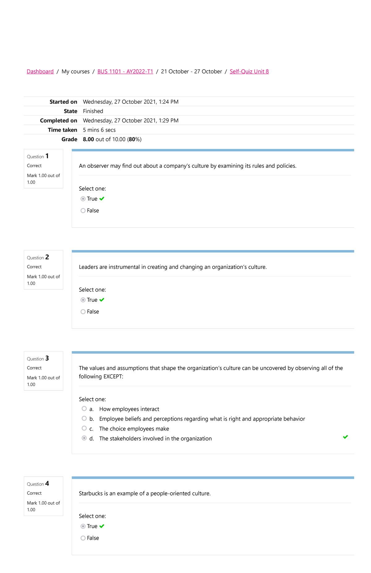 BUS 1101 Self-Quiz Unit 8 Attempt Review - Dashboard My Courses BUS ...