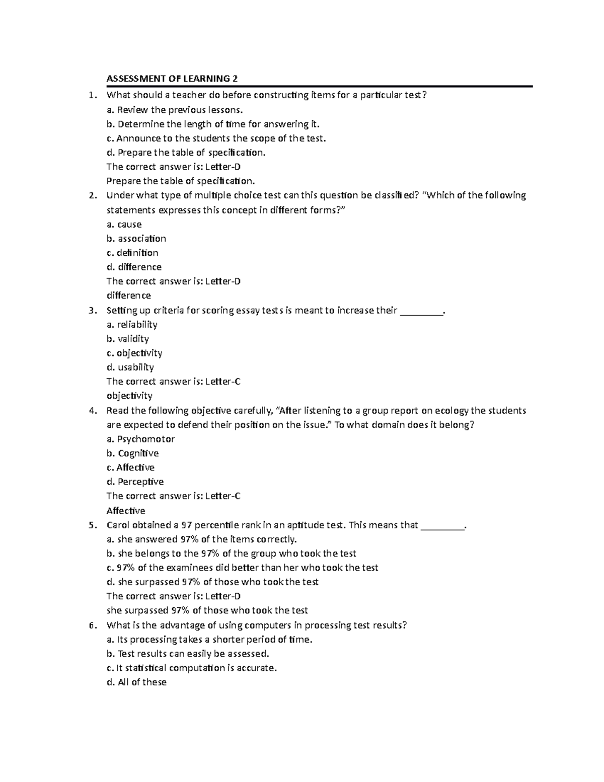 Final 5 20 August 2020, questions and answers - ASSESSMENT OF LEARNING ...