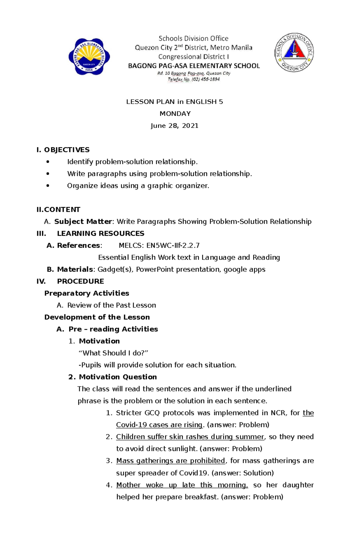 Writing Paragraph Problem Solution Demo LESSON PLAN In ENGLISH 5 