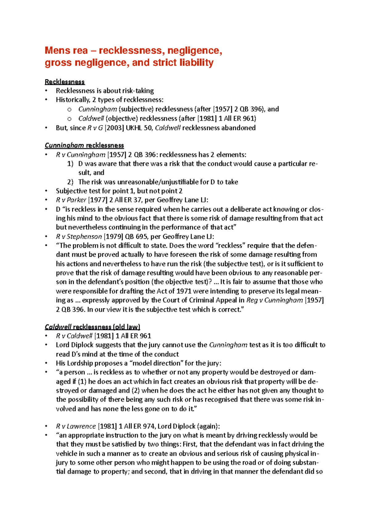 Mens Rea Recklessness Negligence Gross Negligence And Strict