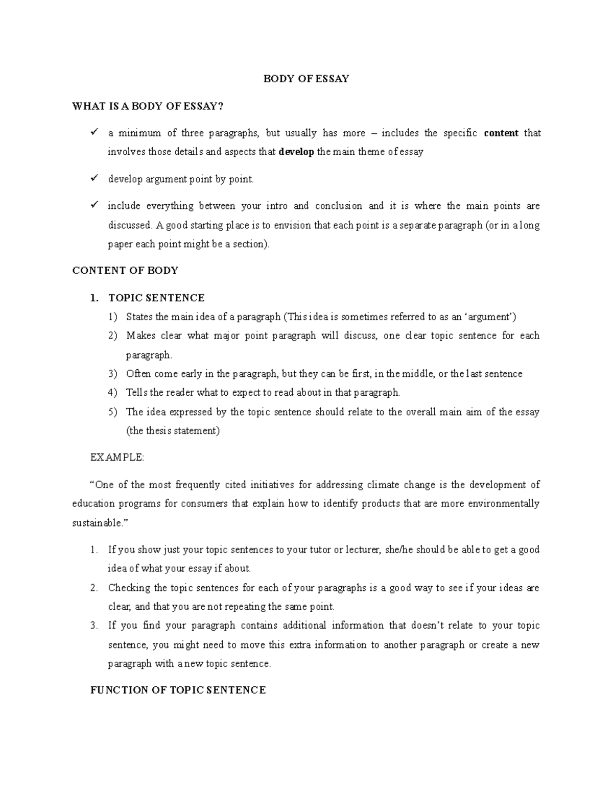 Body Of Essay Notes - BODY OF ESSAY WHAT IS A BODY OF ESSAY? A Minimum ...