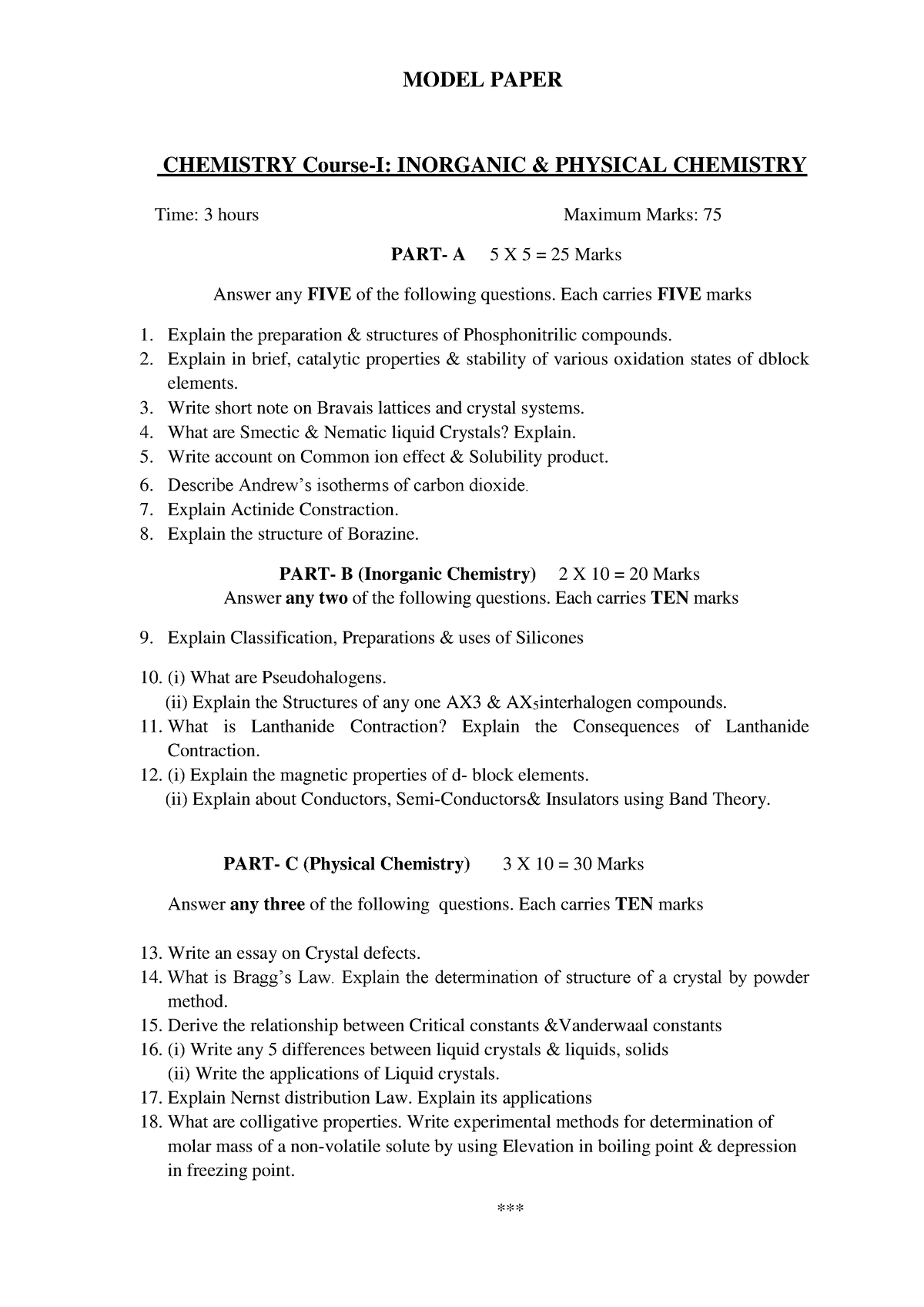 Model Paper First YEAR B.Sc. Degree Examination Semester-I Chemistry ...