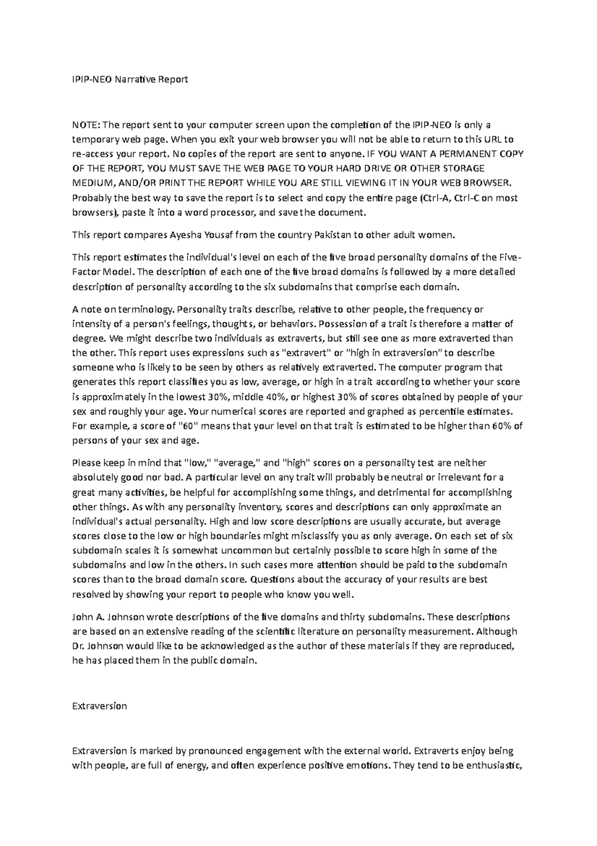 Hrm assignment - IPIP-NEO Narrative Report NOTE: The report sent to ...