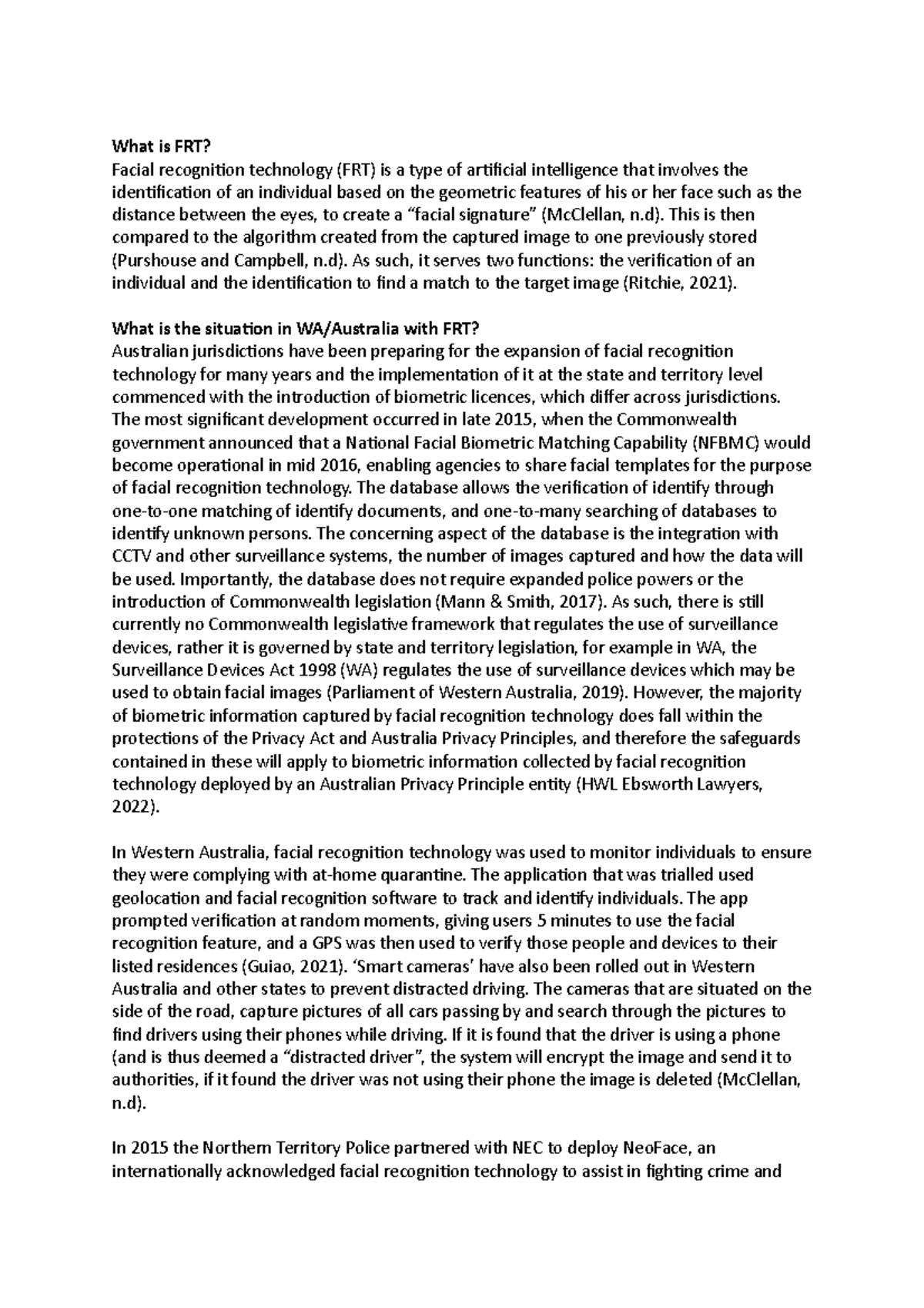 Critical Aspects of Policing Assignment 2 Script What is FRT? Facial