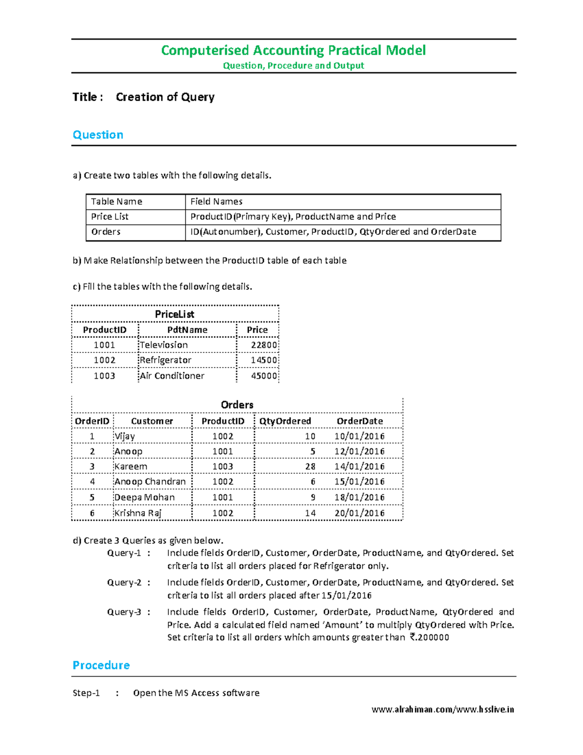 Creation of Query - hsslive Computerised Accounting Practical Model ...