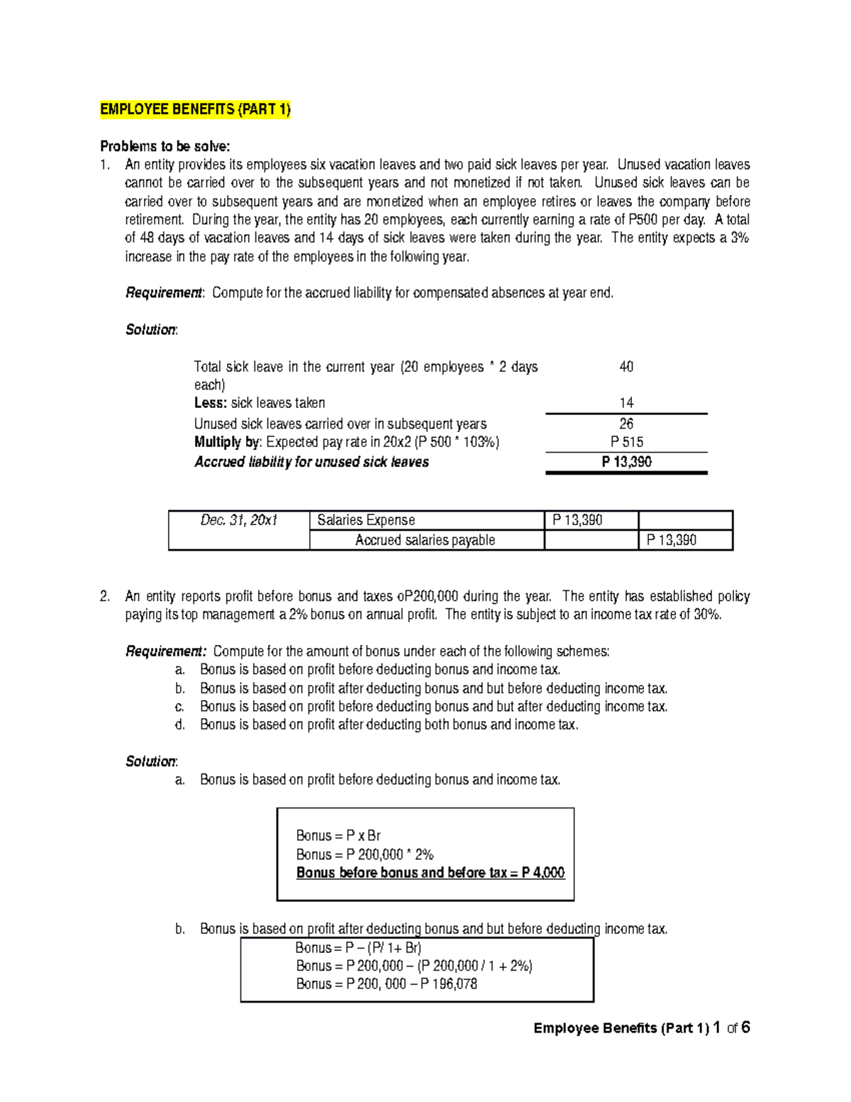 Employee Benefits - EMPLOYEE BENEFITS (PART 1) Problems To Be Solve: 1 ...