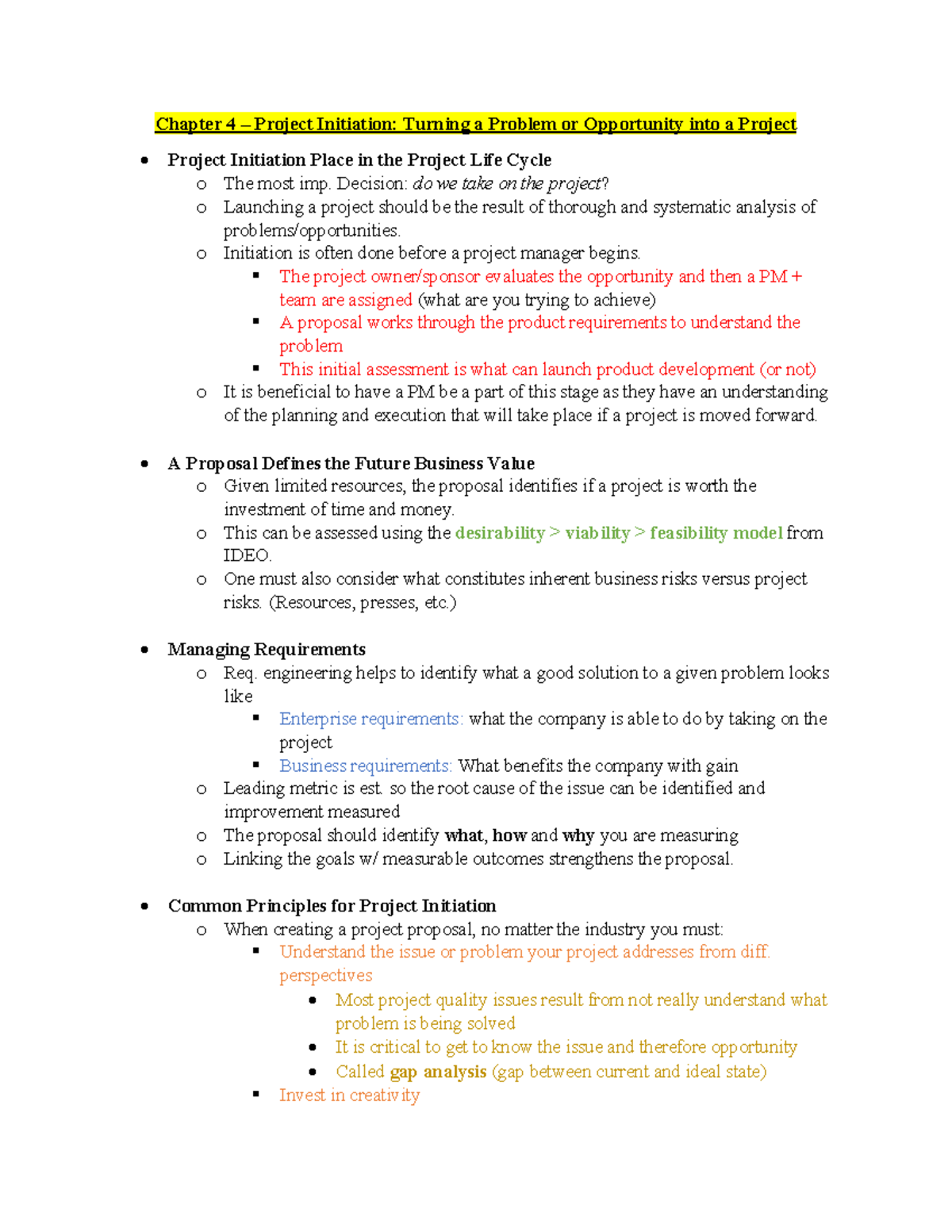 Chapters 4 ^0 13 notes - Chapter 4 – Project Initiation: Turning a ...