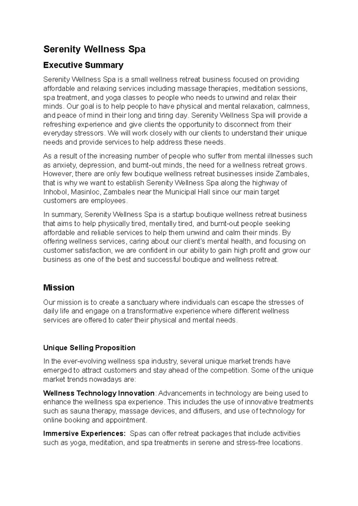 RevisedBusinessPlan Serenity Wellness Spa Executive Summary