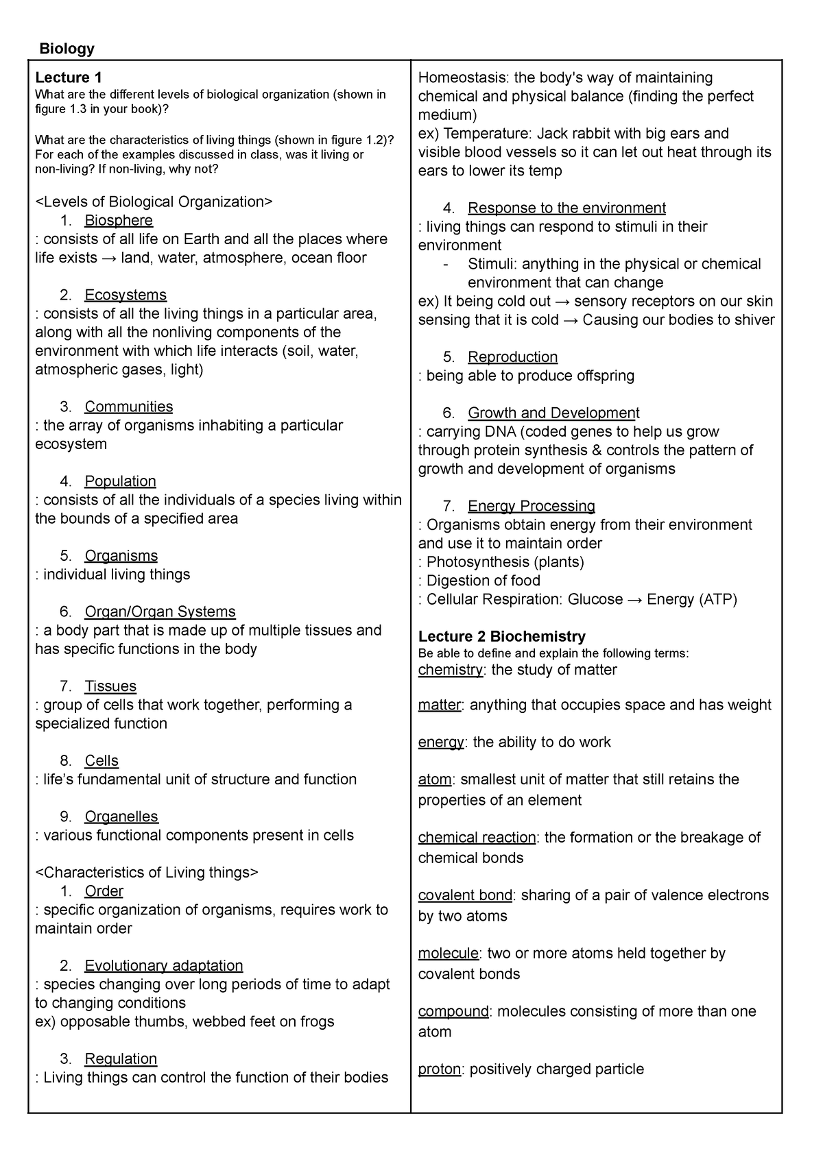 BIO Lecture Note - Biology Lecture 1 What are the different levels of ...