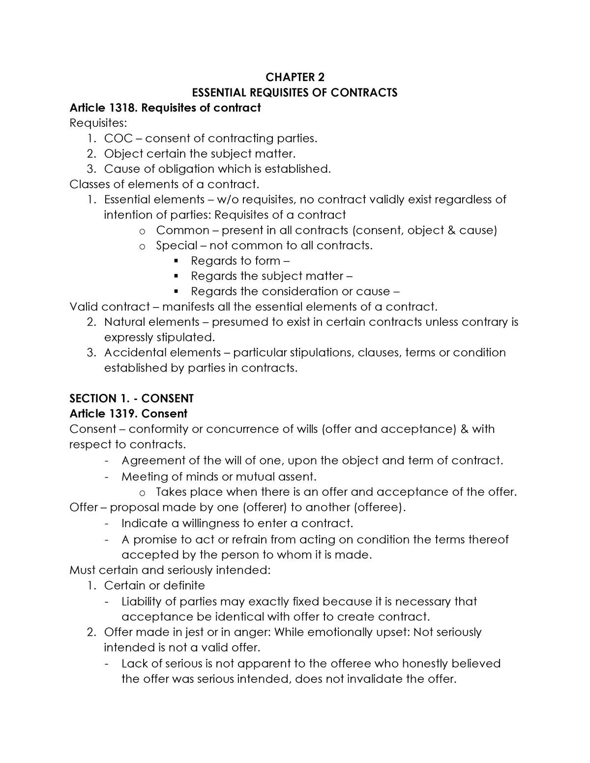 Law 231 - Chapter 2 Essential Requisites Of Contracts - Chapter 2 