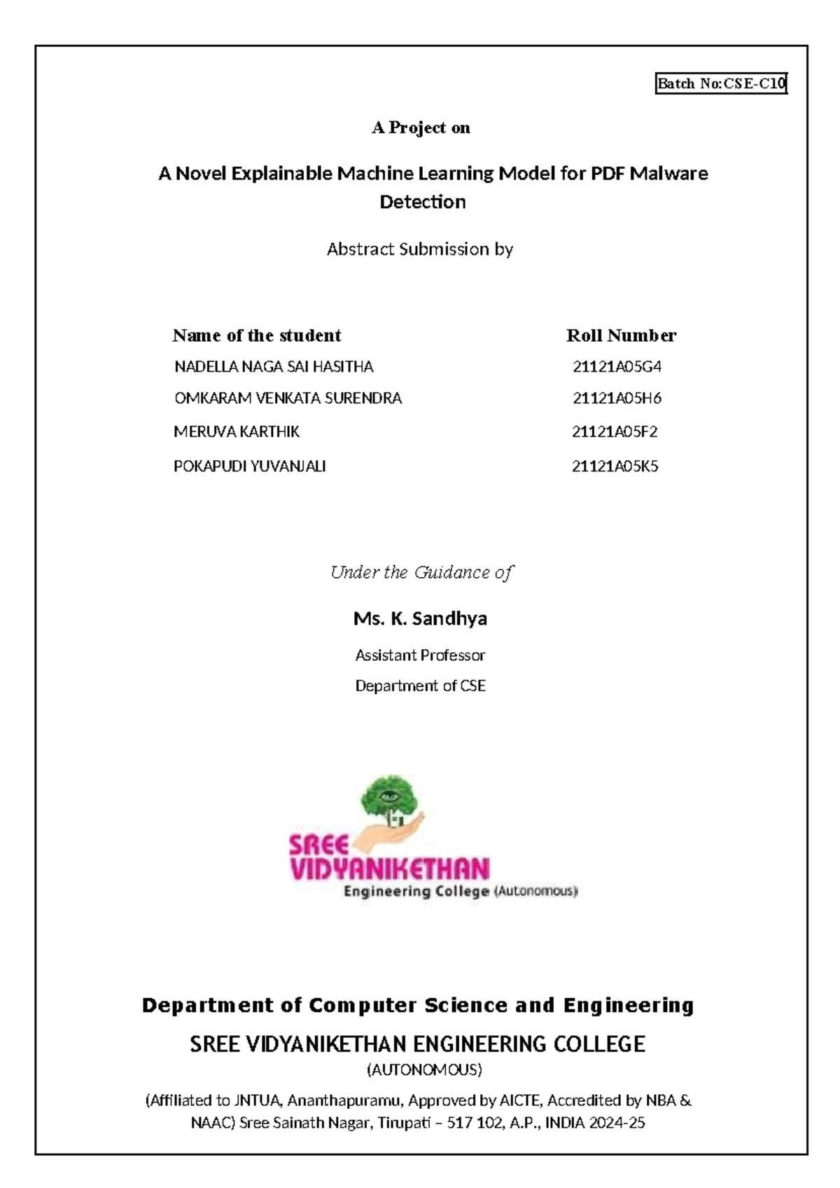 Final pro abstract - computer vision - Batch No:CSE-C1 0 A Project on A ...