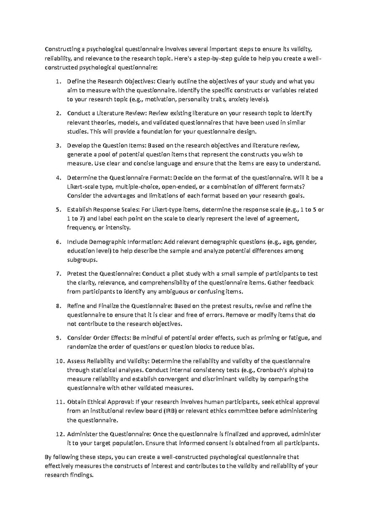 Constructing a questionnaire for psychometrics assignment ...