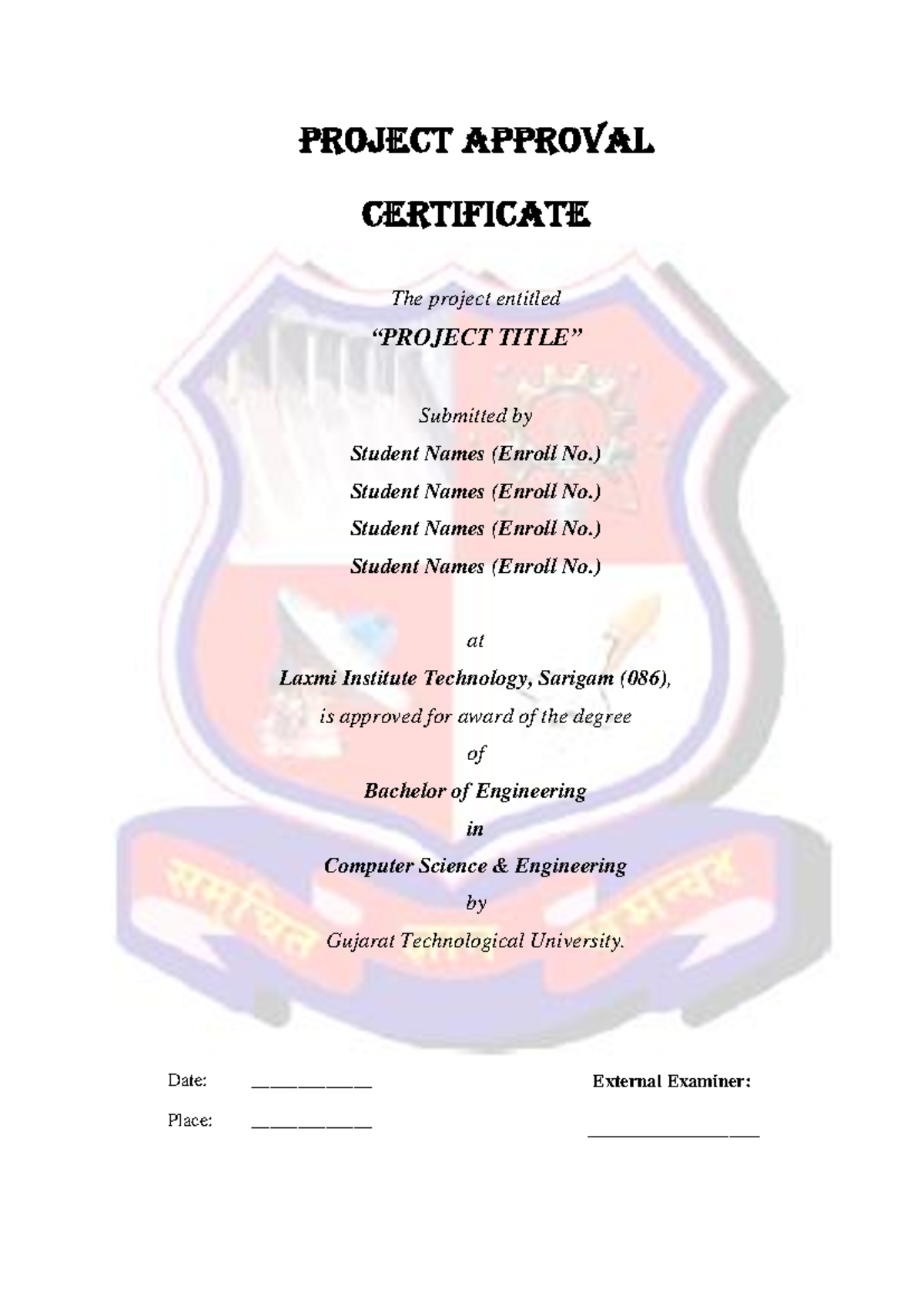 CSE Certificate Approval - Project APPROVAL Certificate The project ...