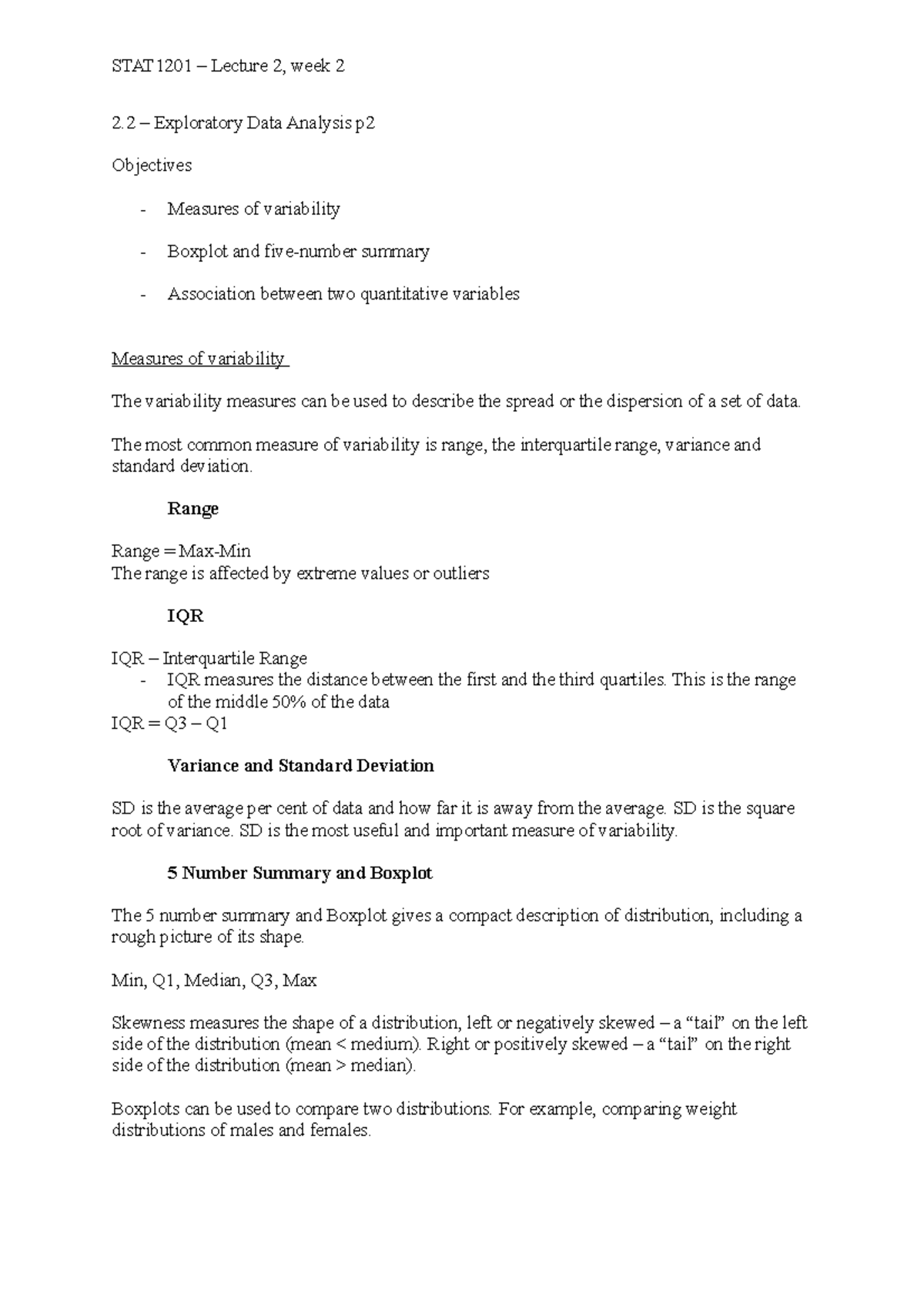 2.2 histograms and quartiles STAT1201 Lecture 2, week 2 2