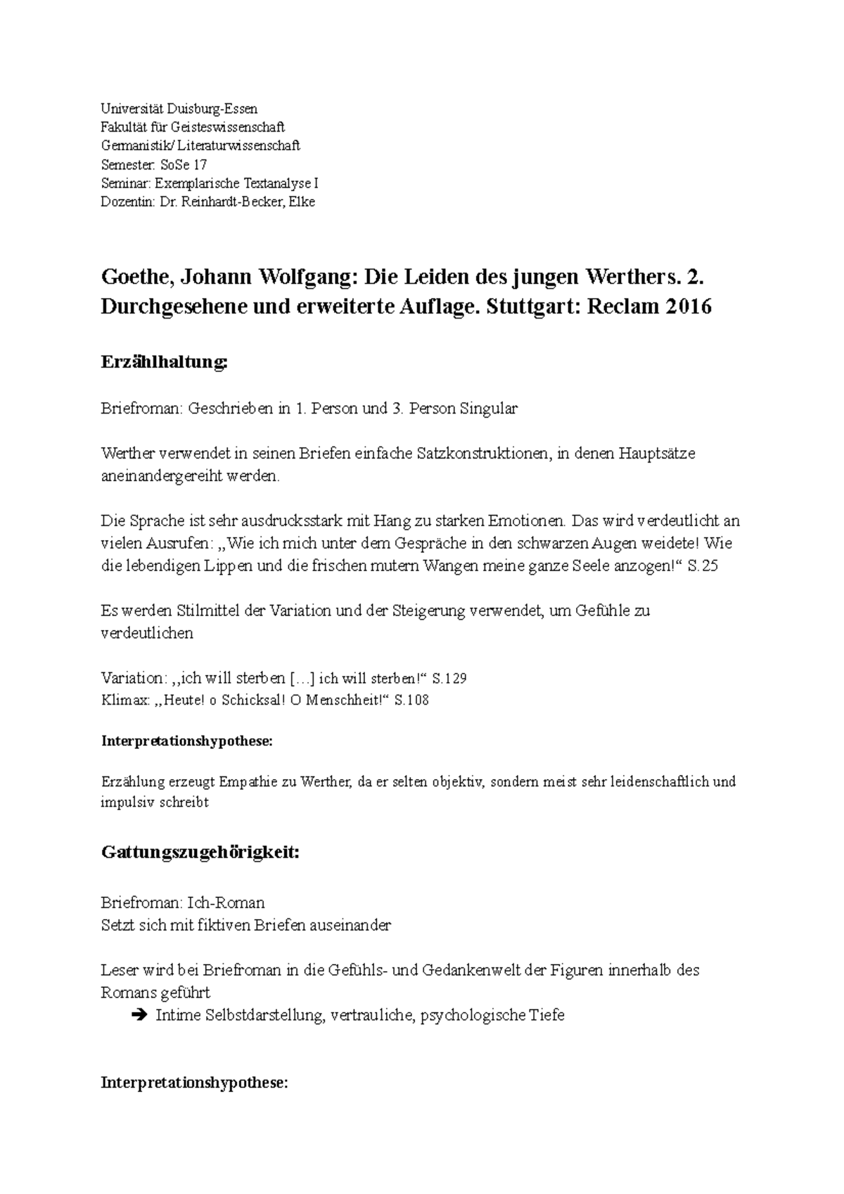 Zusammenfassung Die Leiden Des Jungen Werthers Die Leiden des jungen Werthers - Universität Duisburg-Essen Fakultät