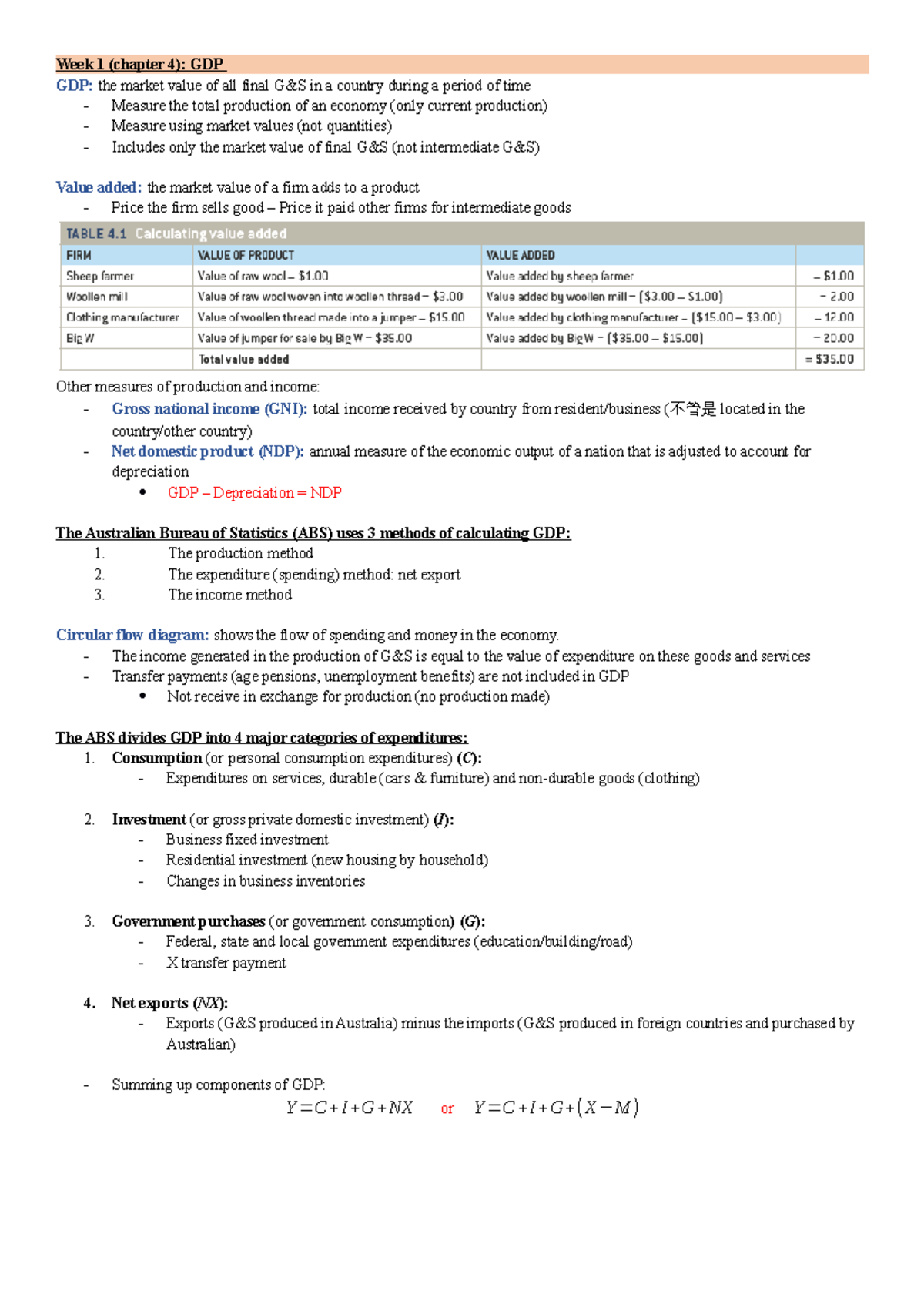 Macro notes summary - Week 1 (chapter 4): GDP GDP: the market value of ...