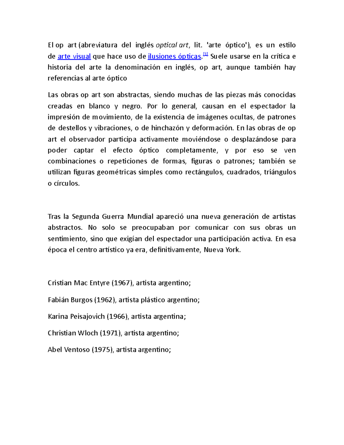 Arte optico argentino apunte El op art (abreviatura del inglés