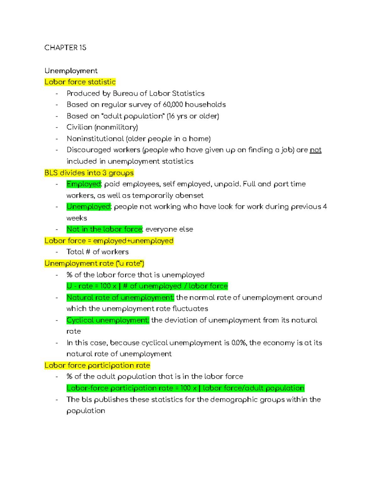 Ch. 15 econ notes - Ch. 15 ECON 101 - CHAPTER 15 Unemployment Labor ...