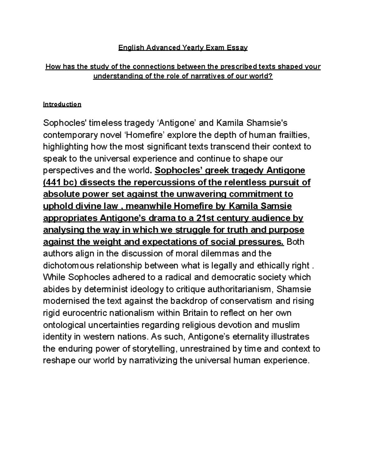 English Advanced Antigone Essay - English Advanced Yearly Exam Essay ...