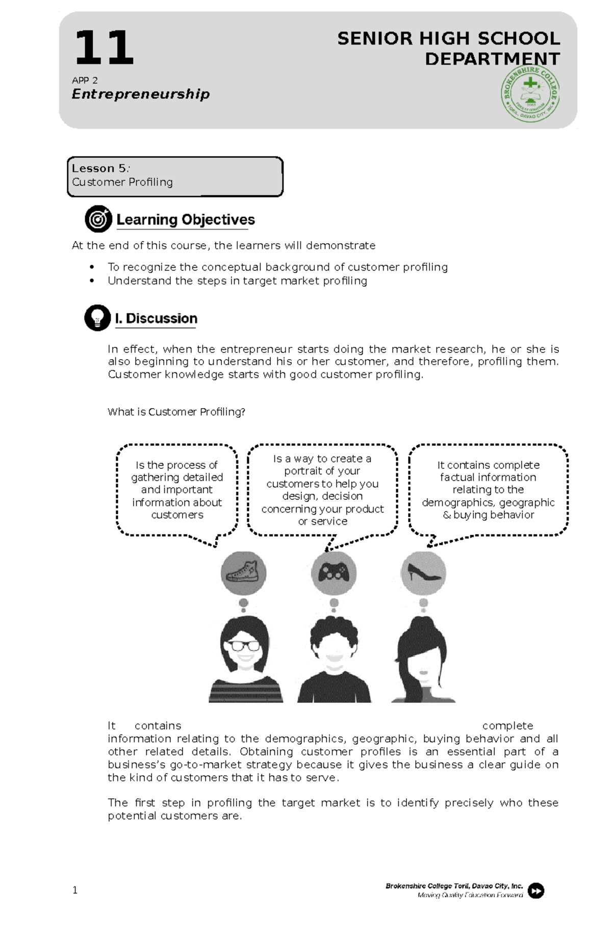 Entrepreneurship Lesson 5 Customer Profiling Lesson 5 Customer Profiling At The End Of This 