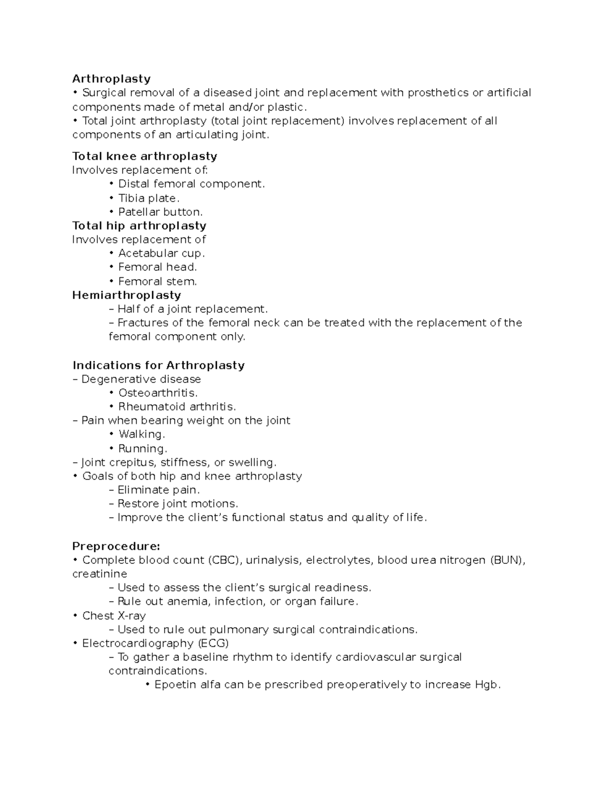 Arthroplasty - notes - Arthroplasty Surgical removal of a diseased ...