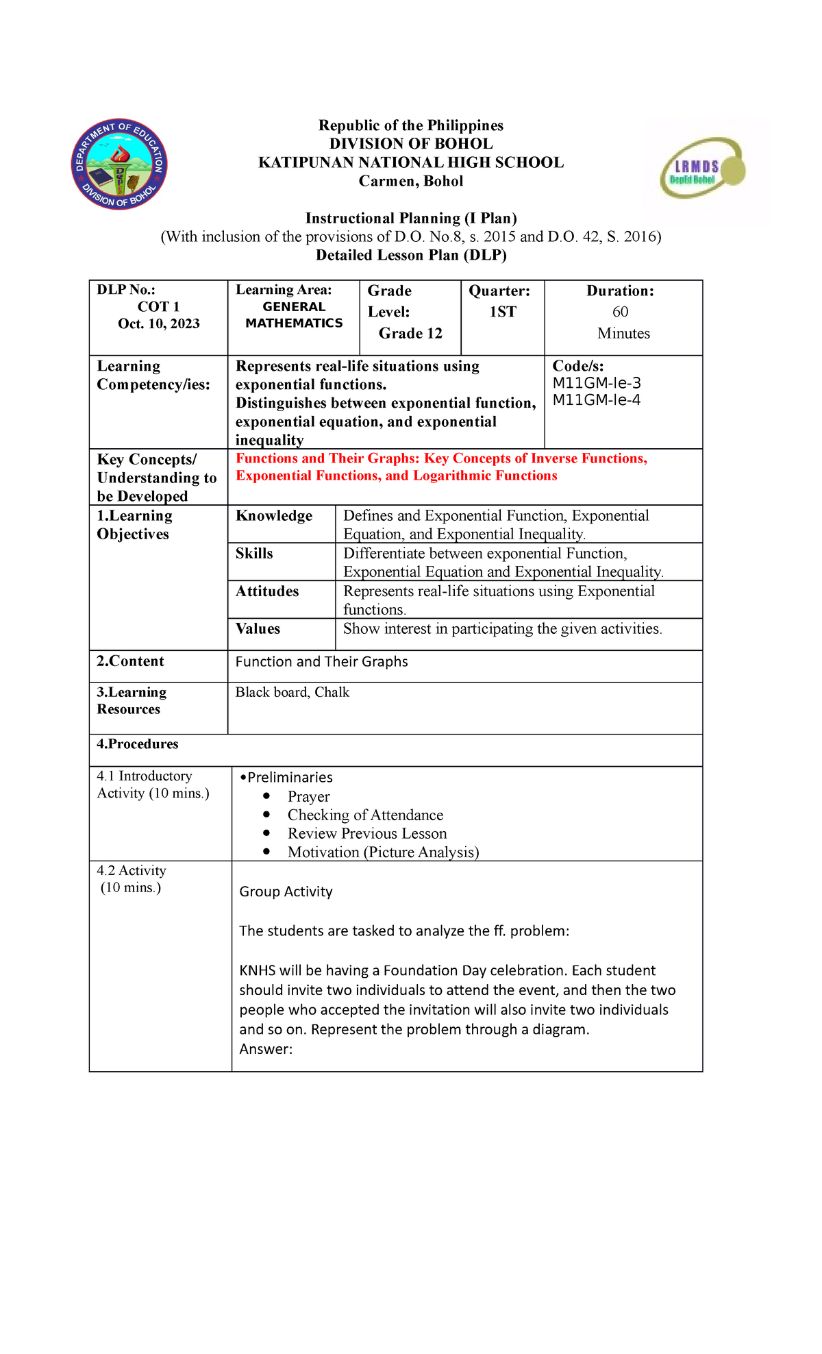 COT genmath-oct 10, 2023 - Republic of the Philippines DIVISION OF ...