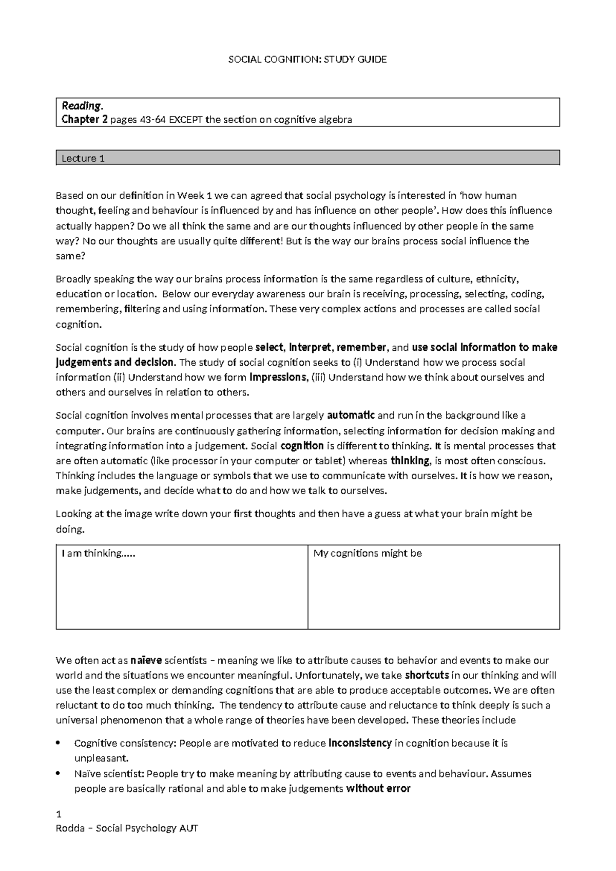 Social cognition study guide WEEK 2 - SOCIAL COGNITION: STUDY GUIDE ...