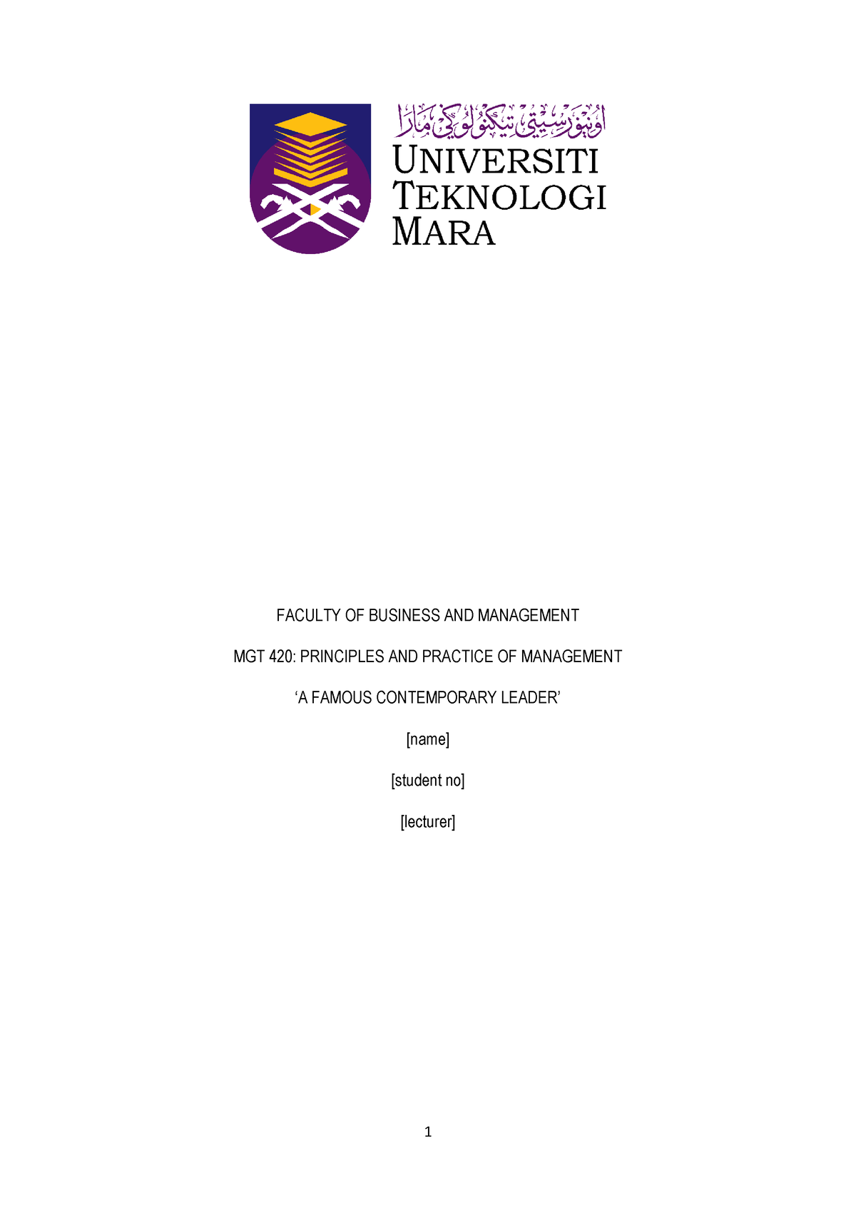 Contemporary Leader Mgt420 - FACULTY OF BUSINESS AND MANAGEMENT MGT 420 ...