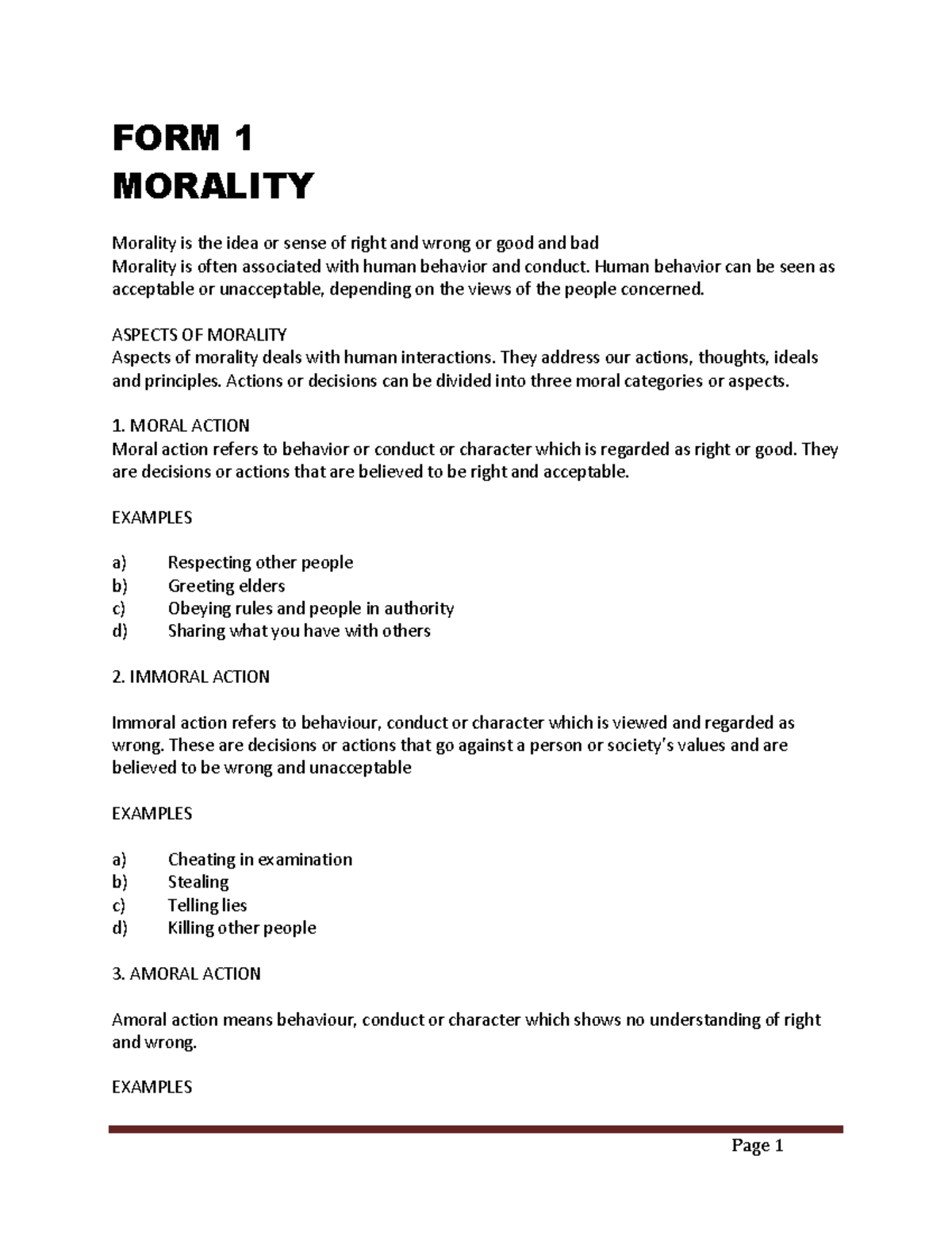 0 Moral Education Notes Updated for the PSLE students - FORM 1 MORALITY ...