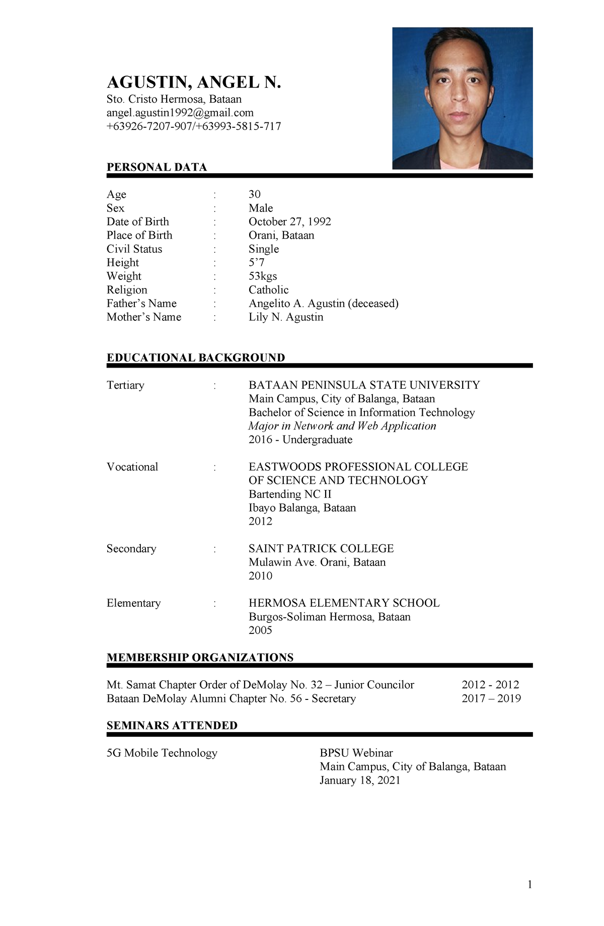 Angel Agustin Resume updated - AGUSTIN, ANGEL N. Sto. Cristo Hermosa ...