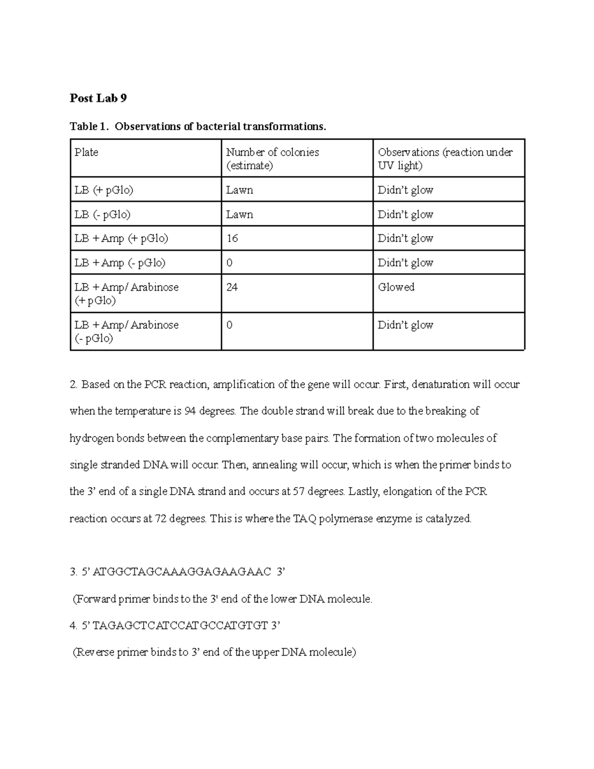 Post Lab 9-3 - POST BIO 113 LAB - Post Lab 9 Table 1. Observations of ...