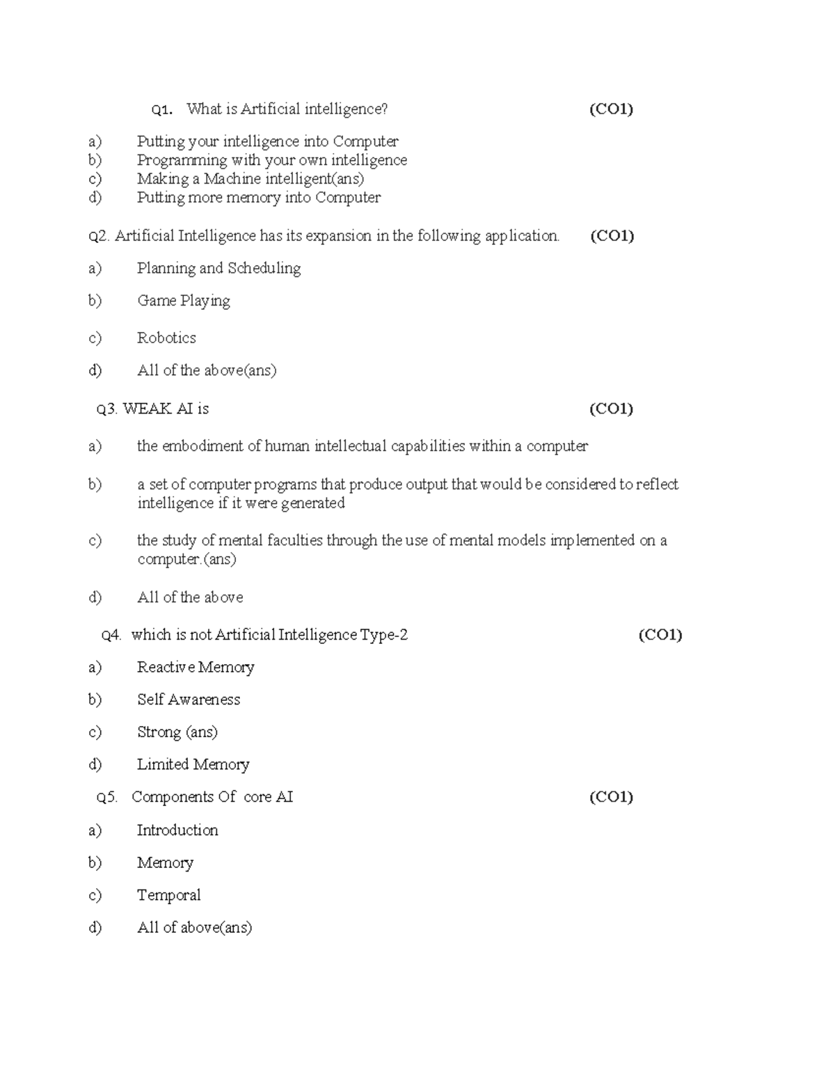 ETI Paper - QUESTIONS - Q1. What is Artificial intelligence? (CO1) a ...