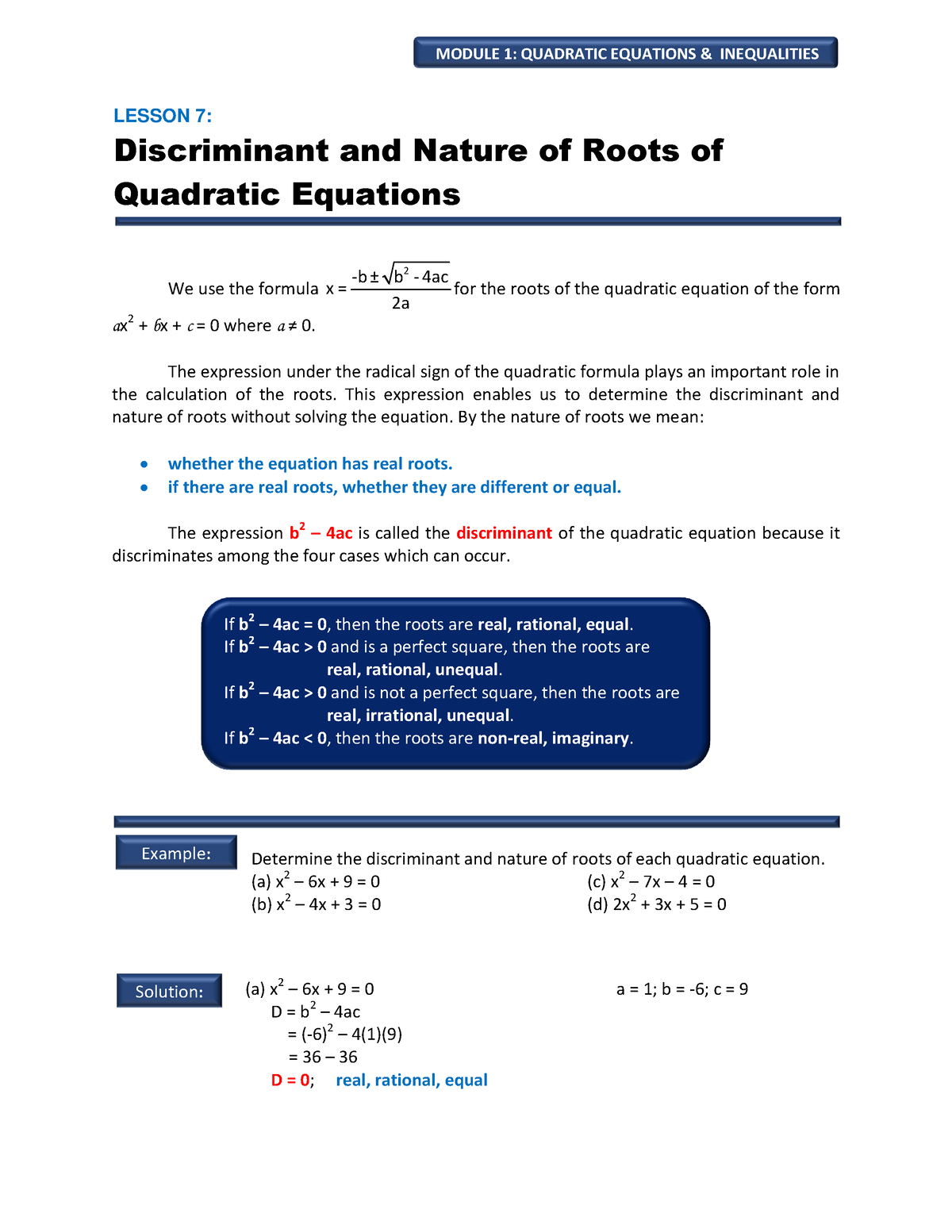 Lesson 7 Discriminant And Nature Of Roots Of Quadratic Equations We Use The Formula B ± B 9898