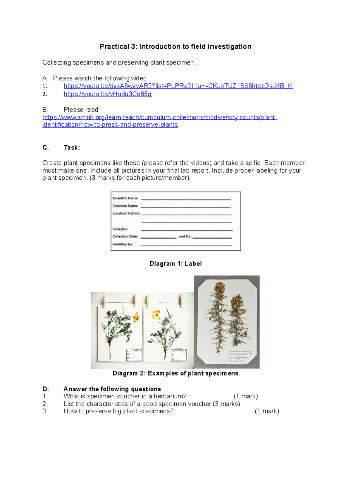 BIO 301 Laboratory Practical 3 - Collecting specimens and preserving ...