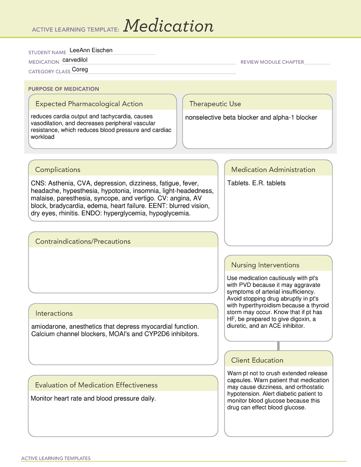 Carvedilol Medication Sheet Template ATI ACTIVE LEARNING TEMPLATES