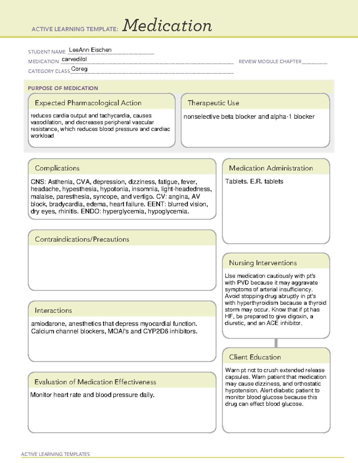 Carvedilol Medication Sheet Template ATI ACTIVE LEARNING TEMPLATES