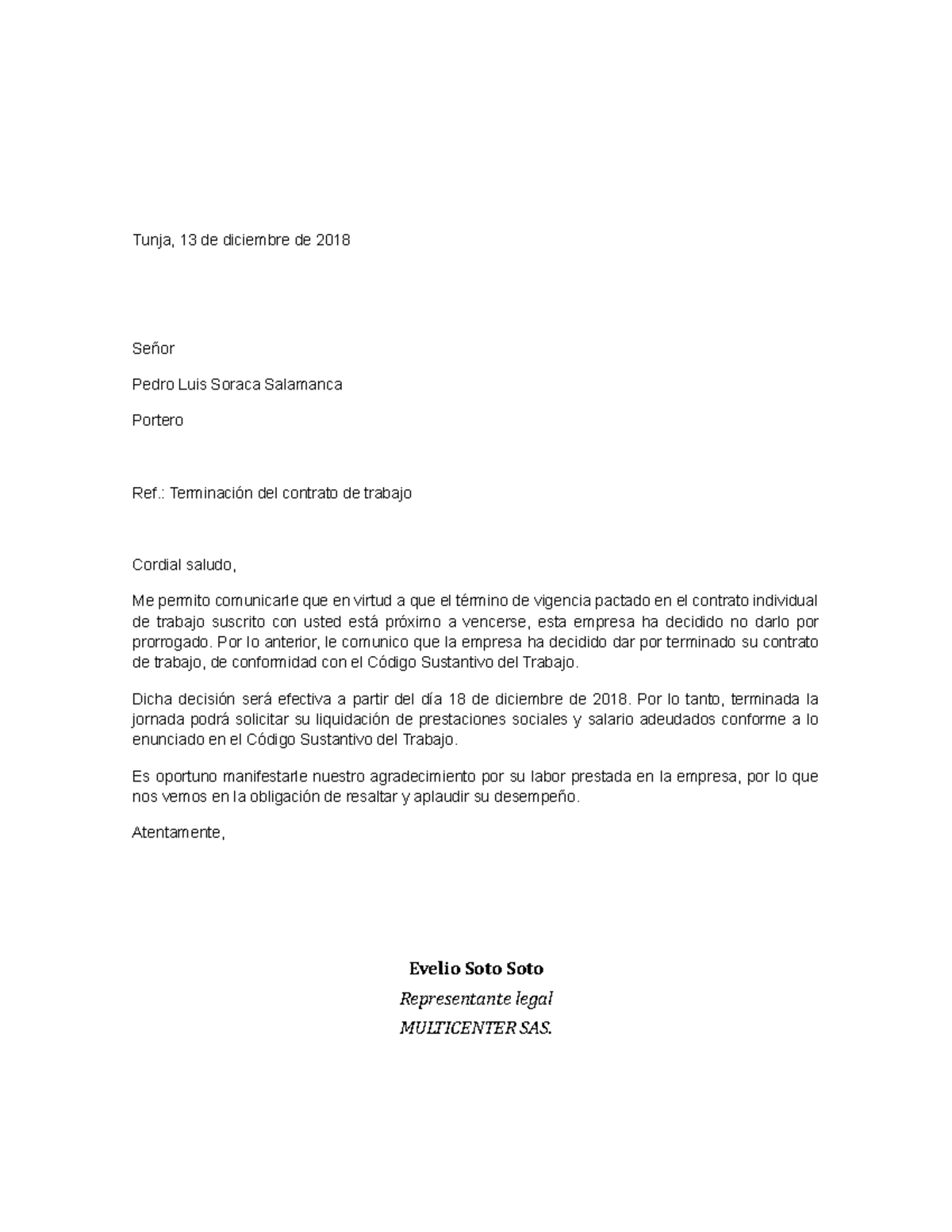 Carta Terminacion Del Contrato Termino Fijo Vencimiento De Terminos Tunja 13 De Diciembre De 6195