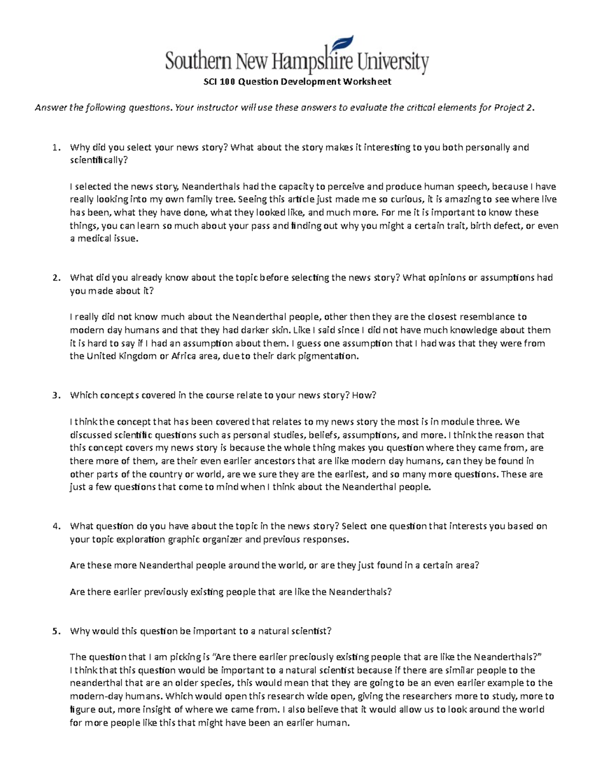 Question Development Worksheet - SCI 100 Question Development Worksheet ...