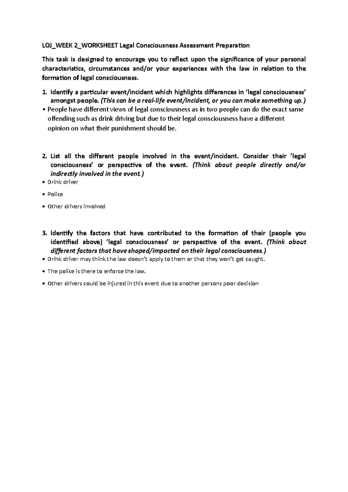 Week 2 Worksheet Legal Consciousness LOJ_WEEK 2_WORKSHEET Legal Consciousness Assessment Studocu