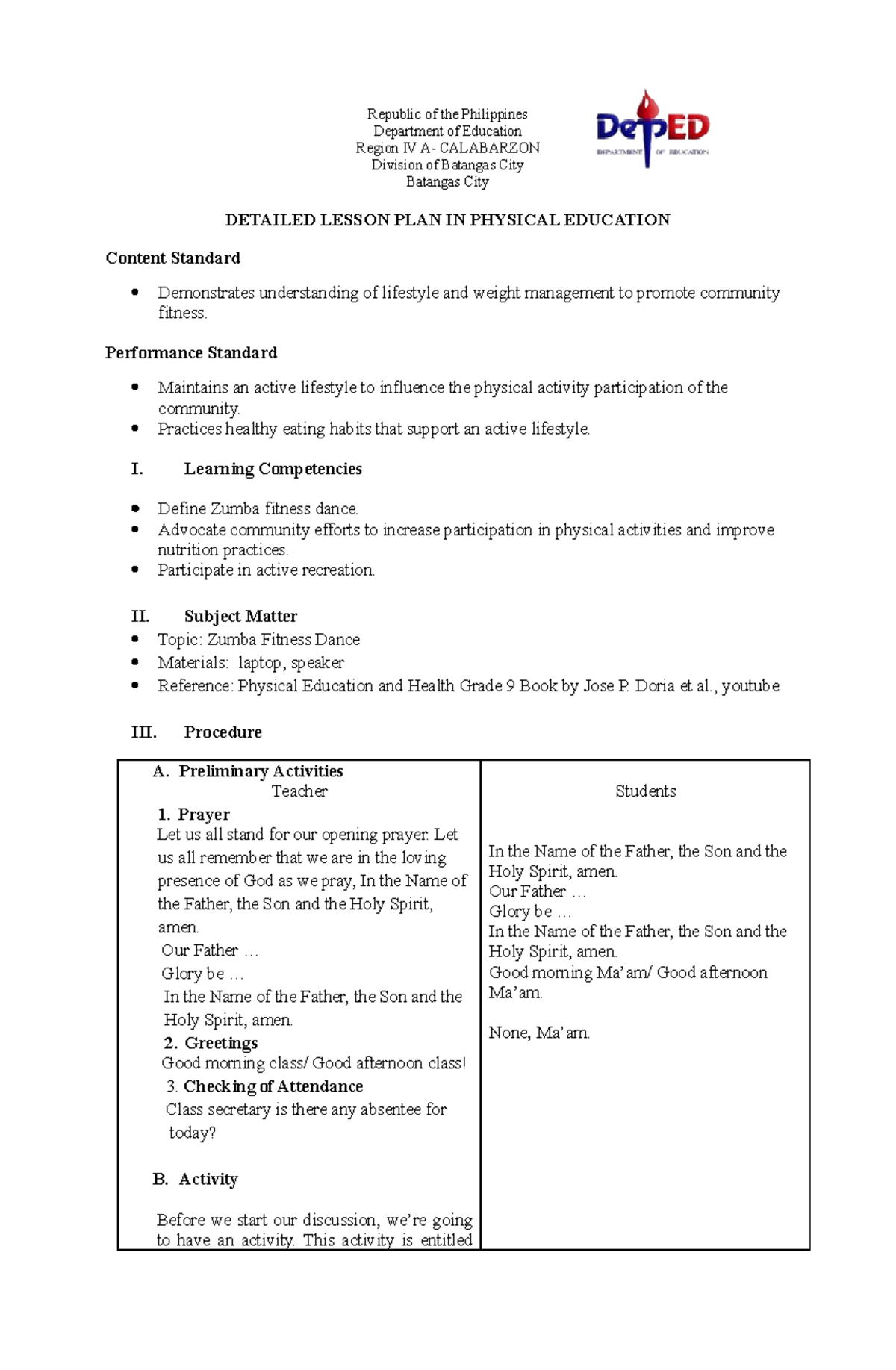 LESSON PLAN IN ZUMBA FOR FINAL DEMO Republic of the Philippines