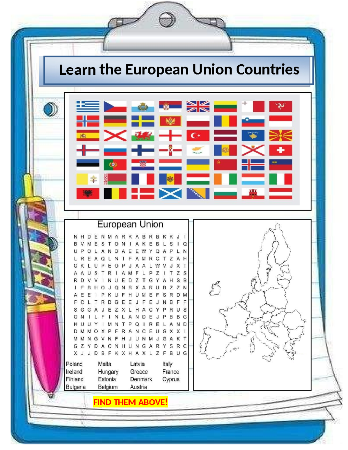 Learn THE Europian Countries Union - Inglês - COLOR THEM! Learn the ...
