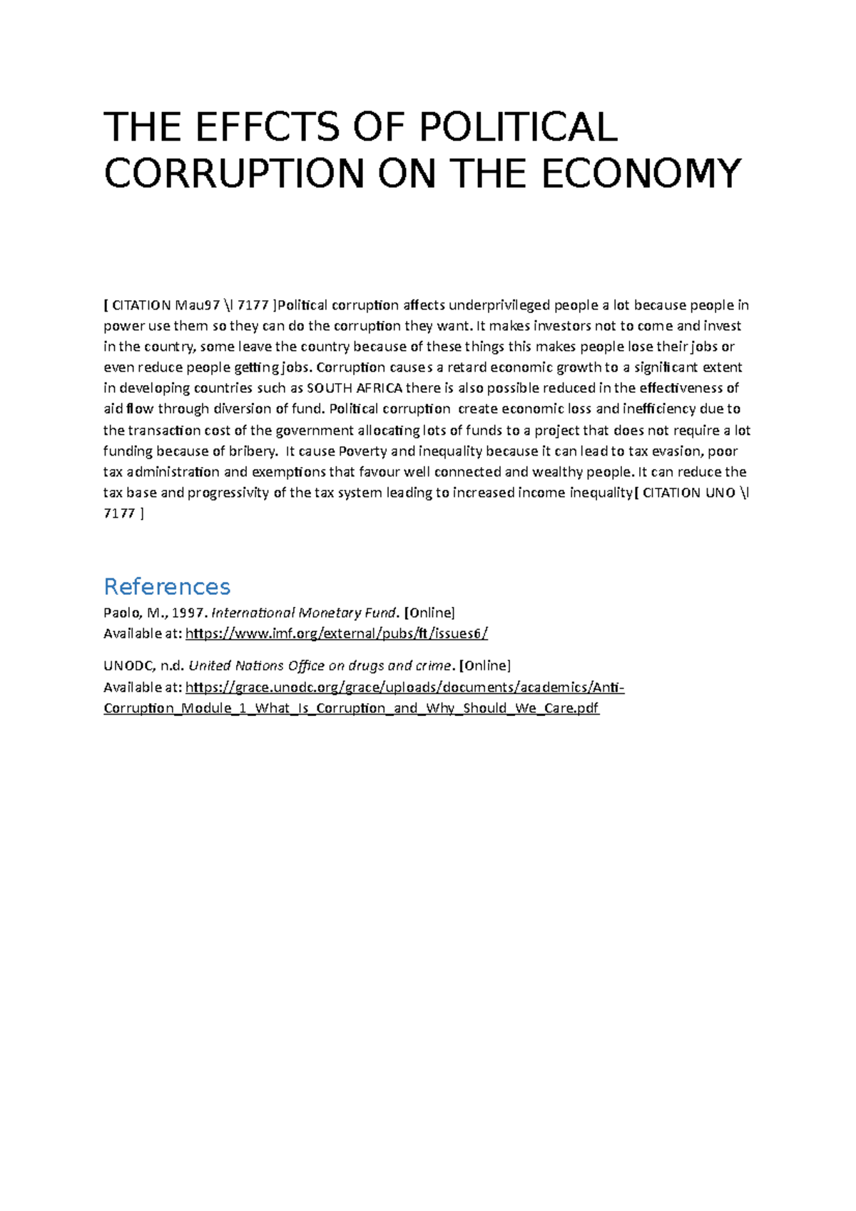 THE Effcts OF Political Corruption ON THE Economy ecat medupe - THE ...