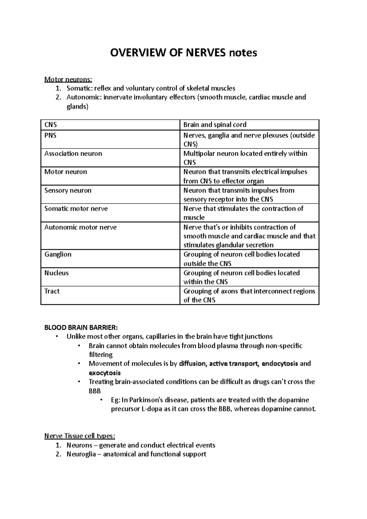 Overview OF Nerves notes - OVERVIEW OF NERVES notes Motor neurons: 1 ...