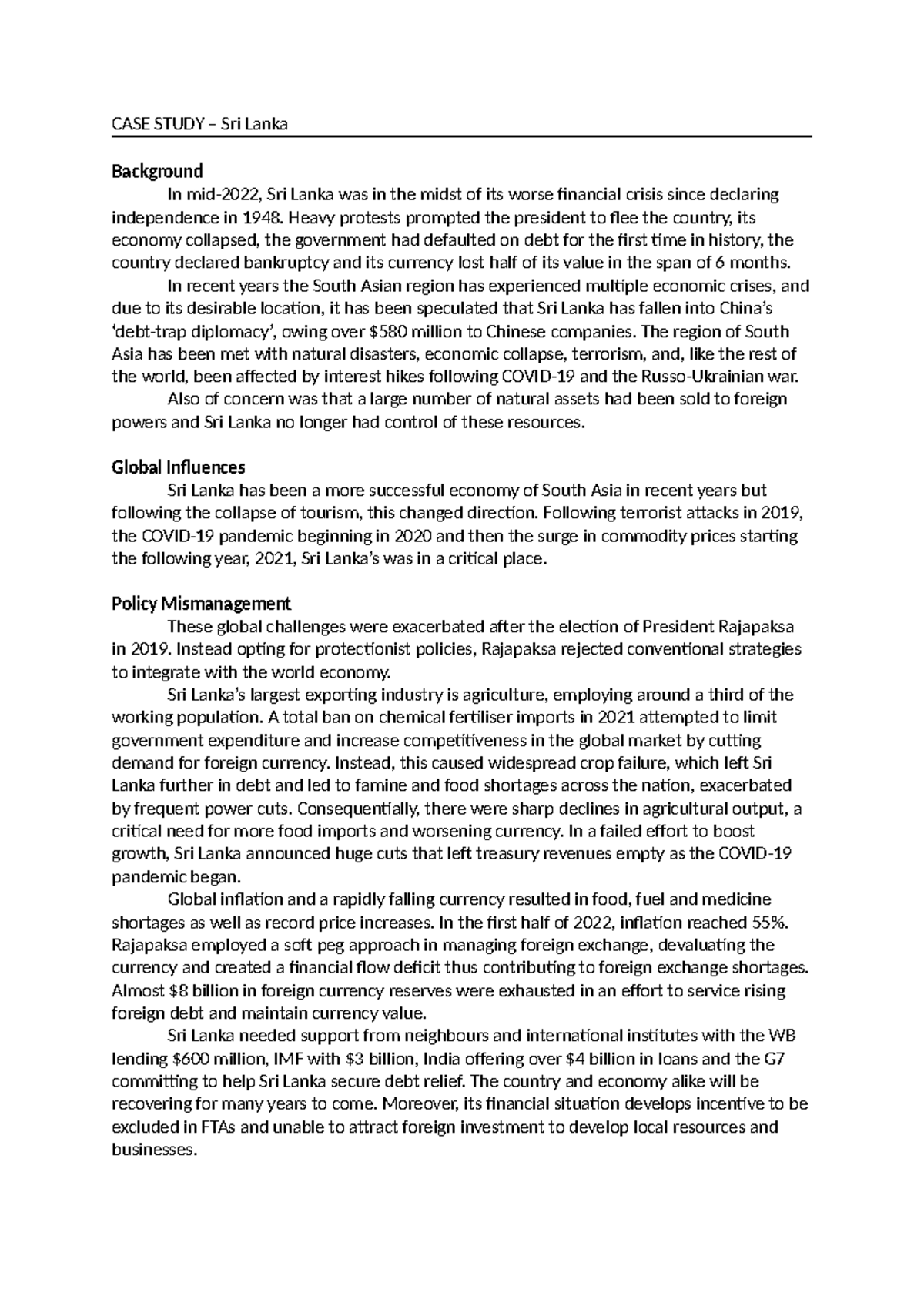 Case Study - Sri Lanka - CASE STUDY – Sri Lanka Background In mid-2022 ...