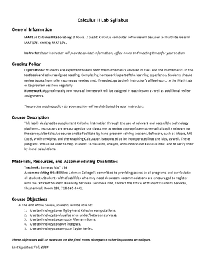 Math 156-Course Information - MAT156: CALCULUS II LABORATORY COURSE ...
