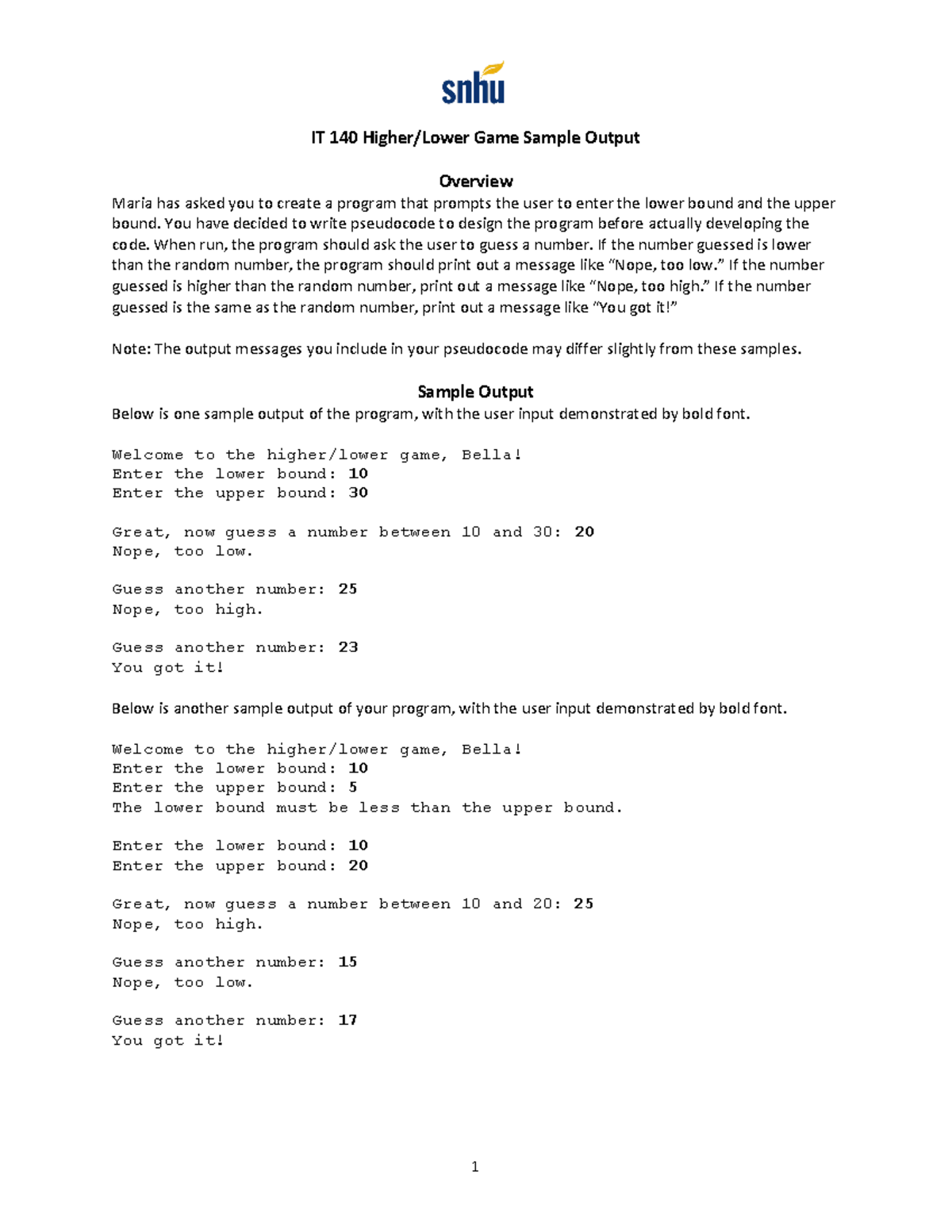 IT 140 Higher Lower Game Sample Output - Q6053 - SNHU - Studocu