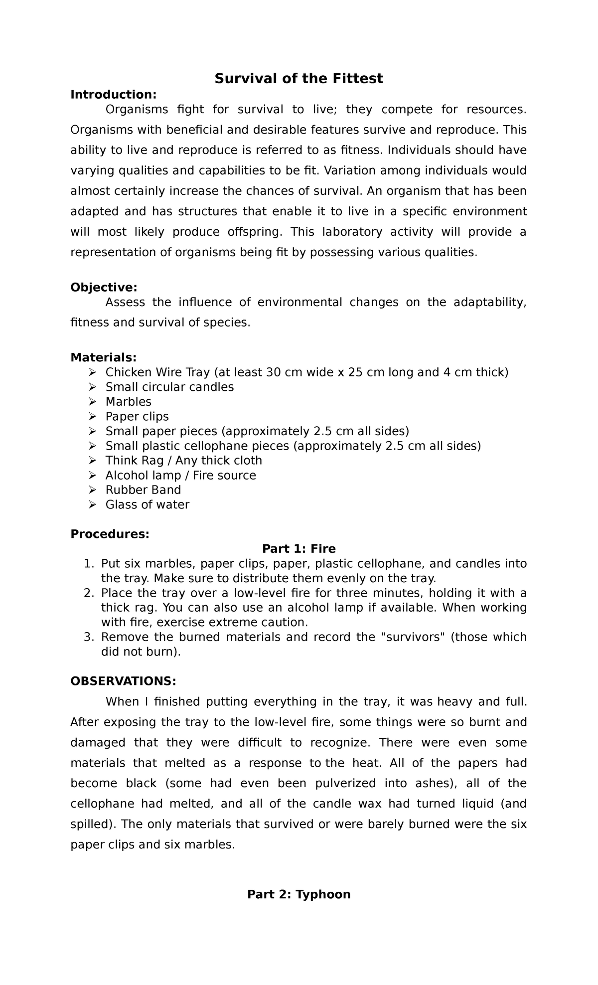 G17 Montesa Biology LAB Report - Survival of the Fittest Introduction ...